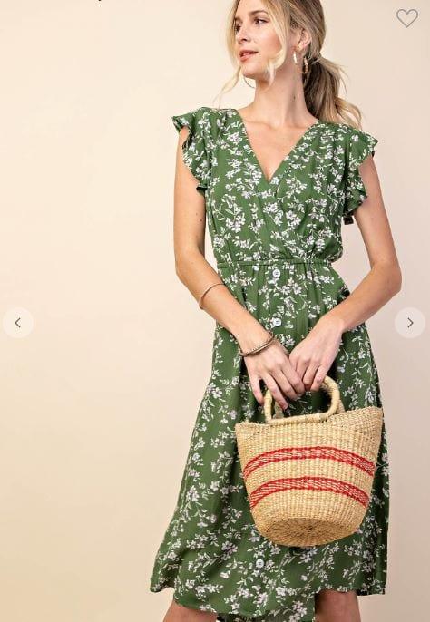 Grass is Greener- womens ditsy floral in green faux wrap with pockets - Esme and Elodie
