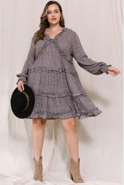 Greige Garden- plus size floral printed ruffle tier dress - Esme and Elodie