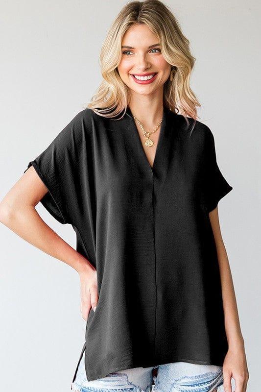 Hairdresser Uniform- plus size black v neck woven top with dropped shoulder - Esme and Elodie