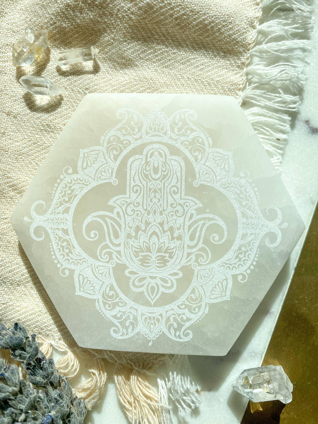 "Hamsa Mandala" 4 inch Selenite Hexagon Crystal Charging - Esme and Elodie