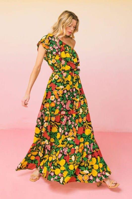 Hawaiian Punch- women one shoulder black and floral maxi dress - Esme and Elodie