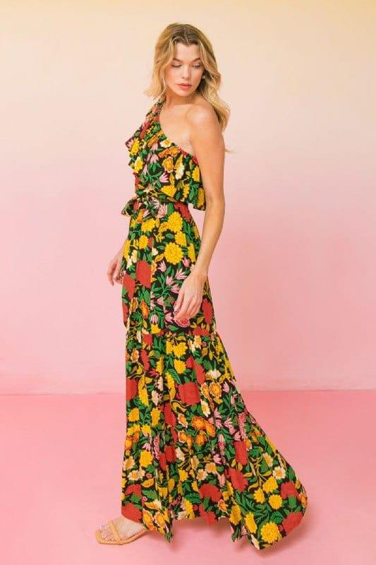 Hawaiian Punch- women one shoulder black and floral maxi dress - Esme and Elodie