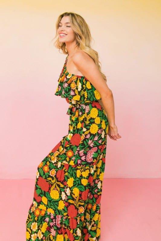Hawaiian Punch- women one shoulder black and floral maxi dress - Esme and Elodie