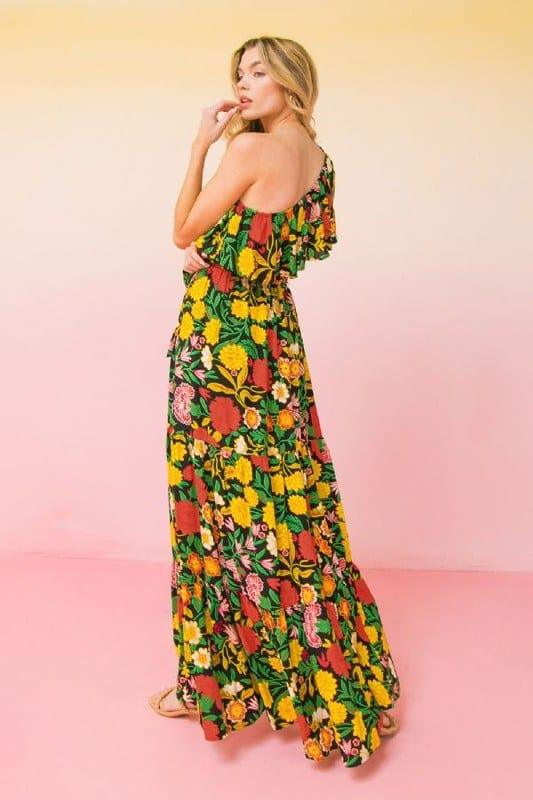 Hawaiian Punch- women one shoulder black and floral maxi dress - Esme and Elodie