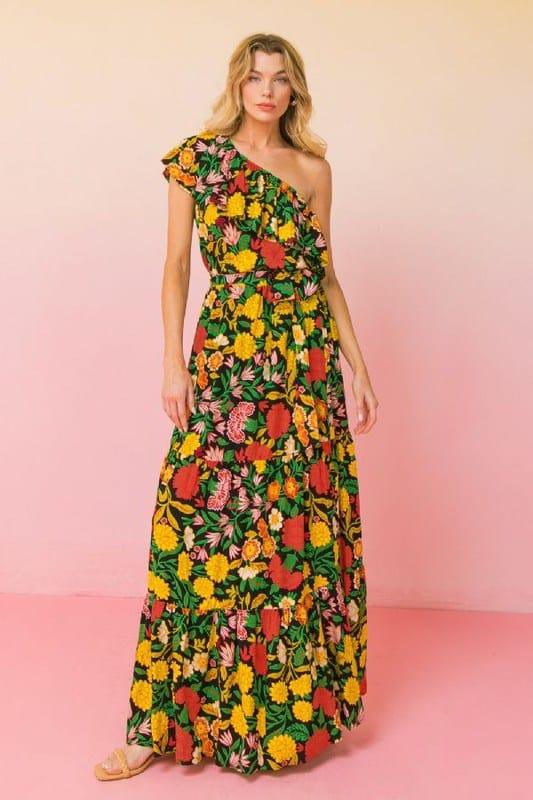 Hawaiian Punch- women one shoulder black and floral maxi dress - Esme and Elodie