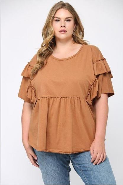 Holy shit! This is Soft- plus size camel tshirt with ruffles over the shoulders - Esme and Elodie