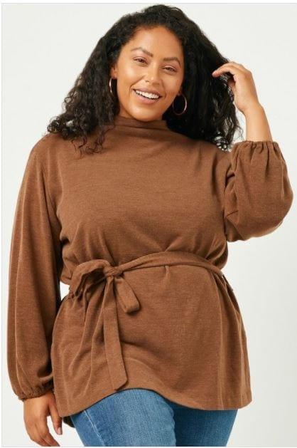 Hot Cocoa- plus size mocha tie waist top - Esme and Elodie