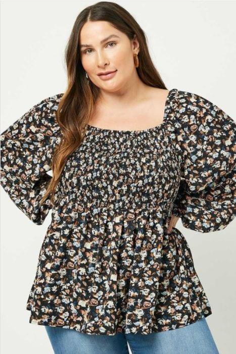Into the Dark- Plus Square Neck Smocked Long Sleeve Top - Esme and Elodie