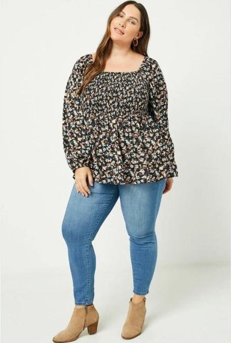 Into the Dark- Plus Square Neck Smocked Long Sleeve Top - Esme and Elodie