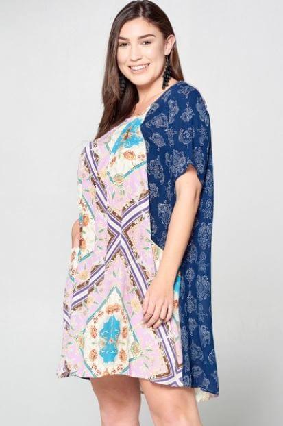 Jackson- plus size mix match scarf printed shift dress with pockets - Esme and Elodie