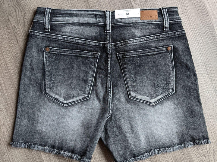 Judy Blue- high waist black denim shorts with frayed hem - Esme and Elodie
