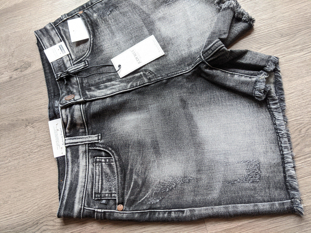 Judy Blue- high waist black denim shorts with frayed hem - Esme and Elodie