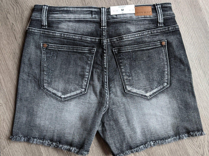 Judy Blue- high waist black denim shorts with frayed hem - Esme and Elodie