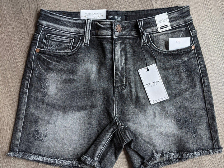 Judy Blue- high waist black denim shorts with frayed hem - Esme and Elodie