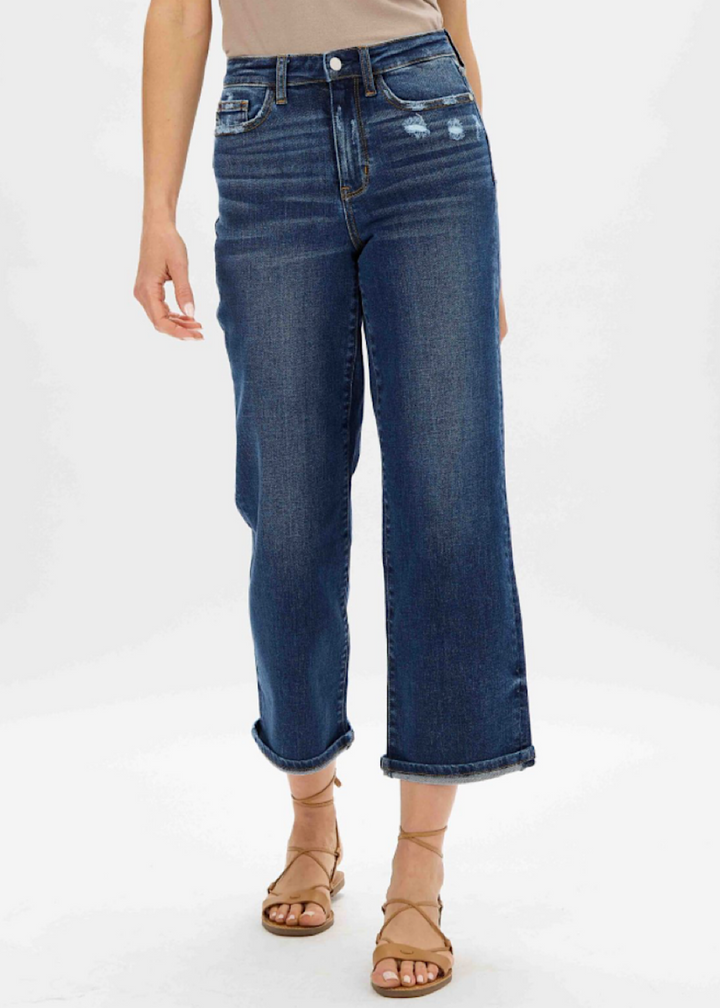 Women Judy Blue High Waist destroyed pocket wide leg crop jeans