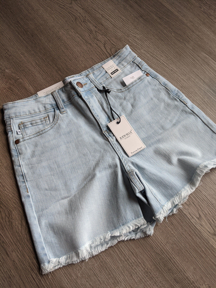Judy Blue Light Blue denim washed frayed hem shorts - Esme and Elodie