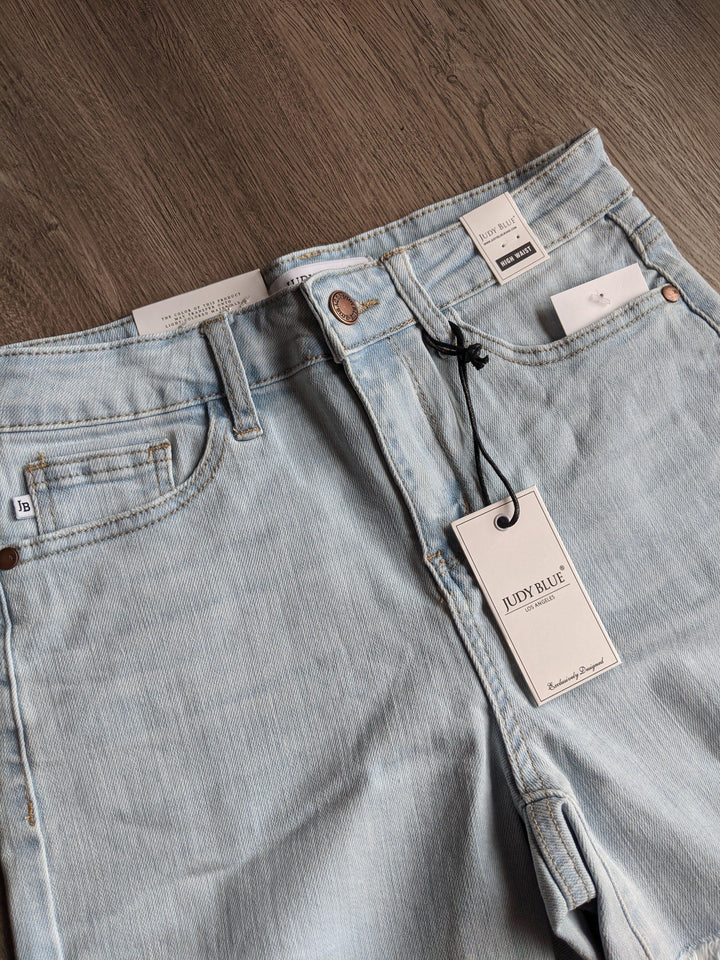 Judy Blue Light Blue denim washed frayed hem shorts - Esme and Elodie