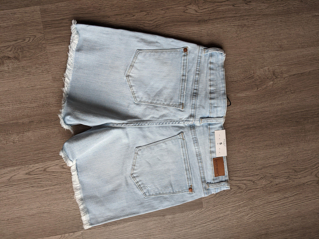 Judy Blue Light Blue denim washed frayed hem shorts - Esme and Elodie