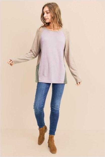 Lavender Cream- brushed hacci color blocked top - Esme and Elodie