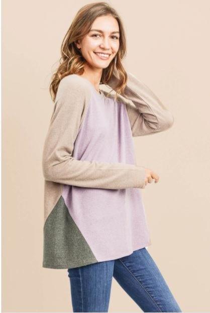 Lavender Cream- brushed hacci color blocked top - Esme and Elodie