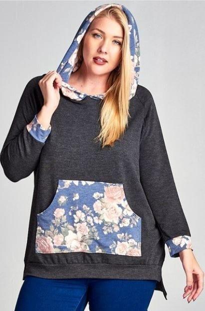 Legging Weather- plus size womens charcoal gray and floral hoodie with high low slit - Esme and Elodie