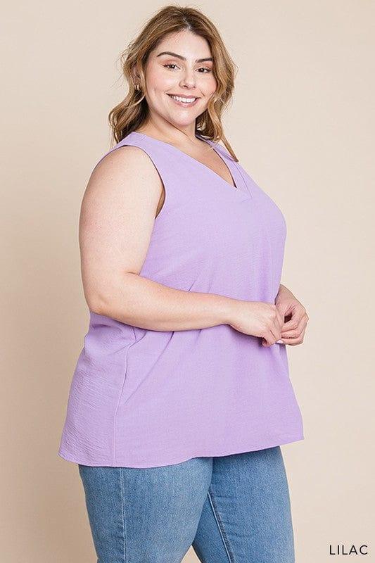 Plus Women's Lilac Bouquet- vneck sleeveless front detail top - Esme and Elodie