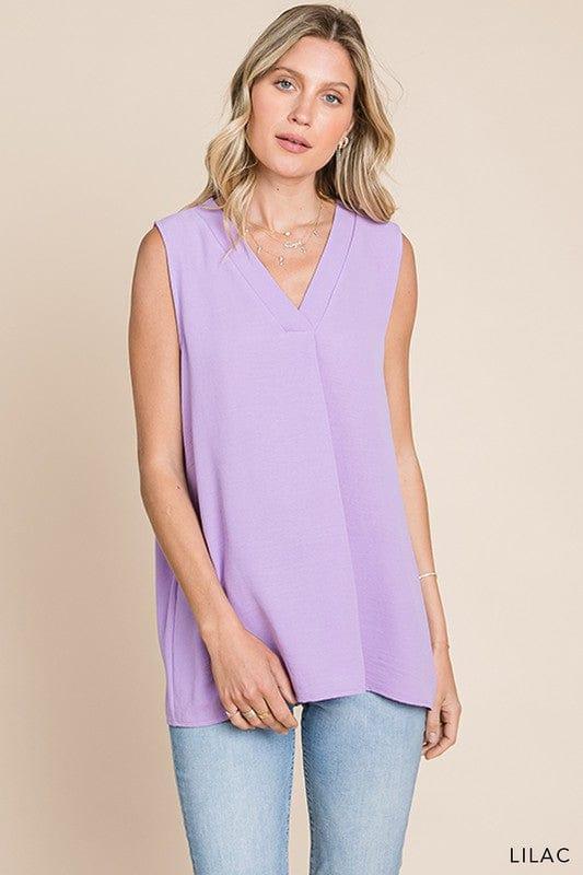 Plus Women's Lilac Bouquet- vneck sleeveless front detail top - Esme and Elodie