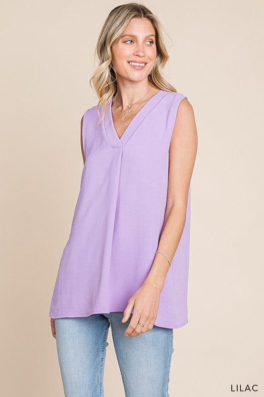 Plus Women's Lilac Bouquet- vneck sleeveless front detail top - Esme and Elodie