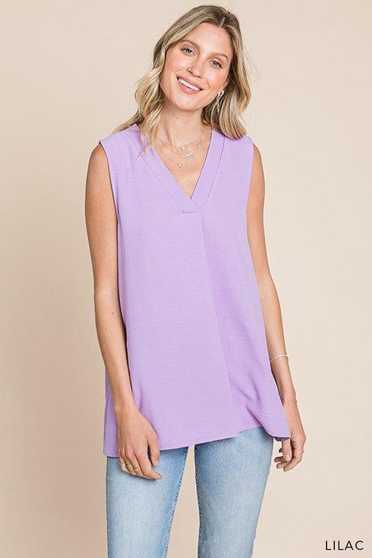 Plus Women's Lilac Bouquet- vneck sleeveless front detail top - Esme and Elodie