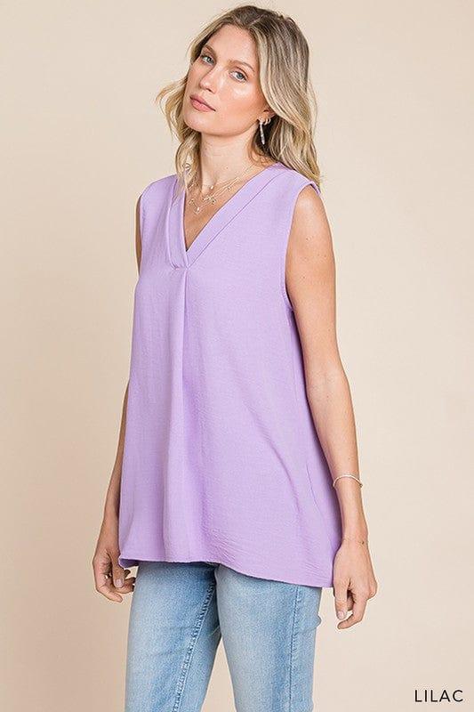 Plus Women's Lilac Bouquet- vneck sleeveless front detail top - Esme and Elodie