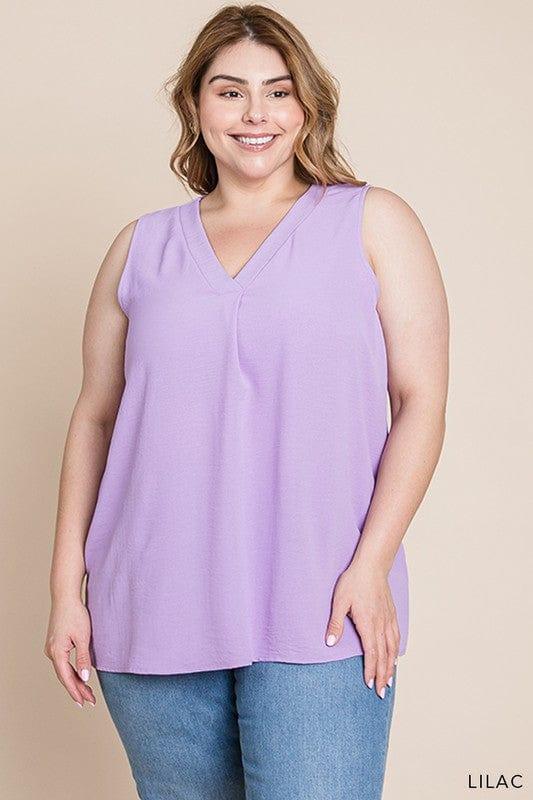 Plus Women's Lilac Bouquet- vneck sleeveless front detail top - Esme and Elodie