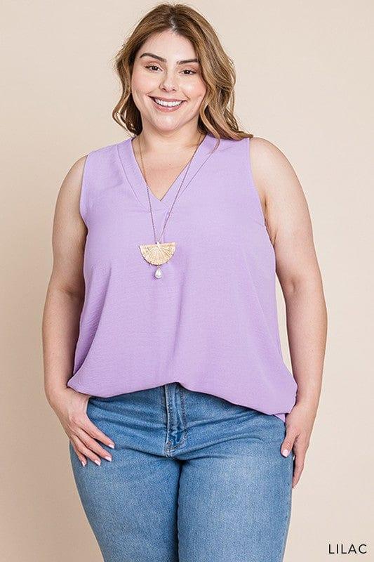 Plus Women's Lilac Bouquet- vneck sleeveless front detail top - Esme and Elodie