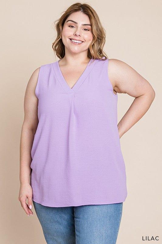 Plus Women's Lilac Bouquet- vneck sleeveless front detail top - Esme and Elodie