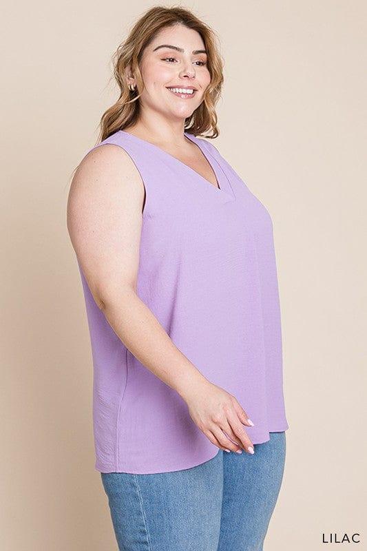 Plus Women's Lilac Bouquet- vneck sleeveless front detail top - Esme and Elodie