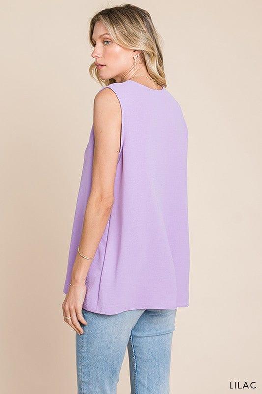 Plus Women's Lilac Bouquet- vneck sleeveless front detail top - Esme and Elodie