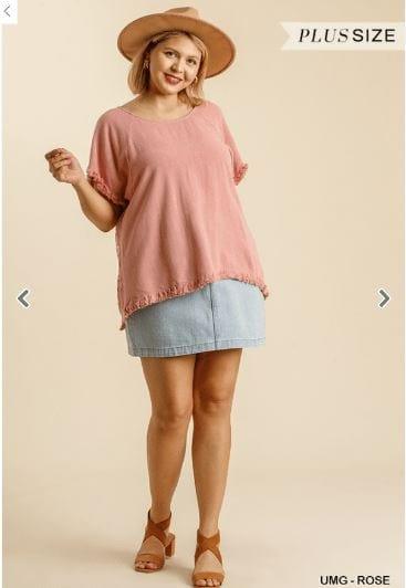 Linen Blend Back Lace Detail Round Neck Short Sleeve Top with Ruffle Hem - Esme and Elodie