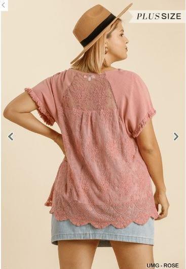 Linen Blend Back Lace Detail Round Neck Short Sleeve Top with Ruffle Hem - Esme and Elodie