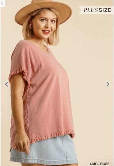 Linen Blend Back Lace Detail Round Neck Short Sleeve Top with Ruffle Hem - Esme and Elodie