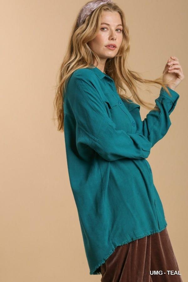 Linen blend button front collared top in Teal - Esme and Elodie