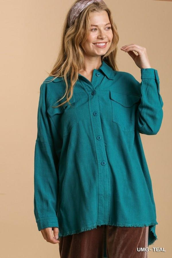 Linen blend button front collared top in Teal - Esme and Elodie