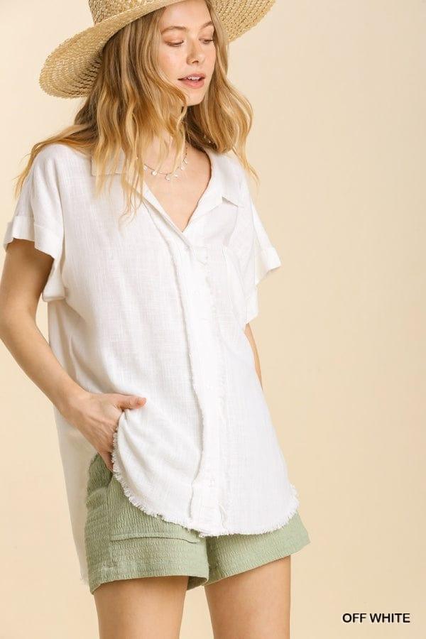 Linen blend button up collared top in off white - Esme and Elodie
