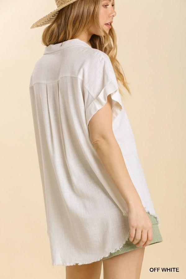 Linen blend button up collared top in off white - Esme and Elodie
