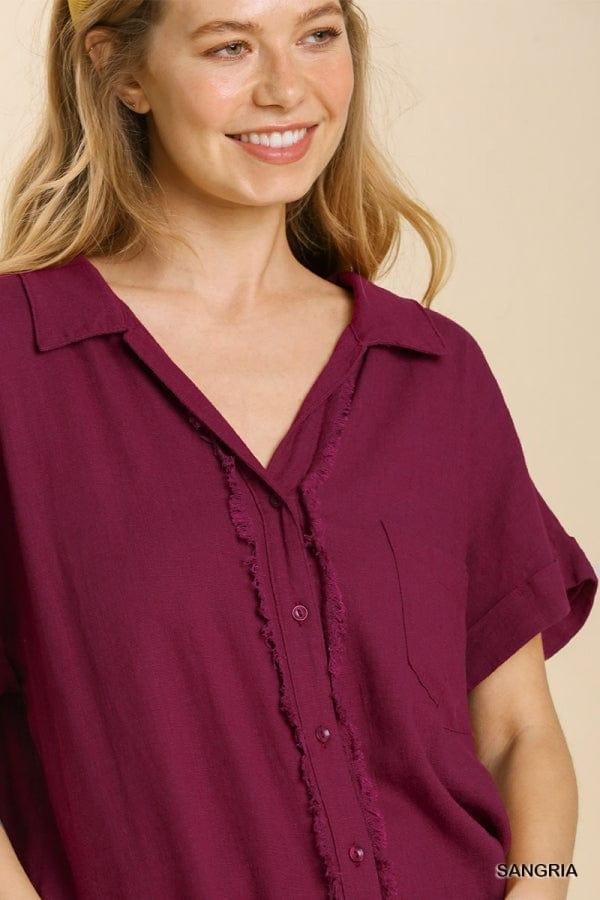 Linen blend collar button down in burgundy - Esme and Elodie
