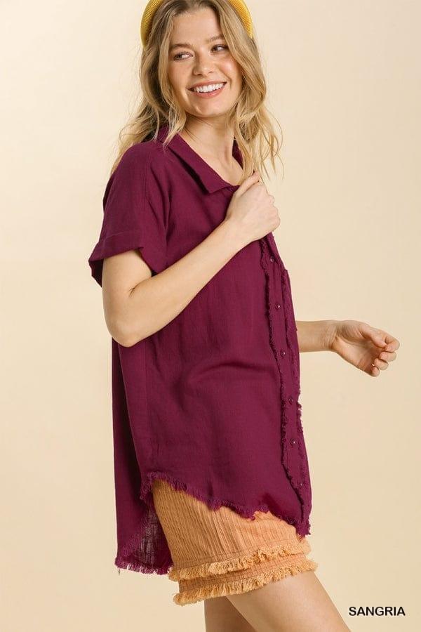 Linen blend collar button down in burgundy - Esme and Elodie
