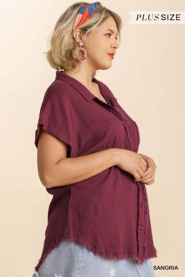Plus Women's Linen blend collar button down in Sangria - Esme and Elodie