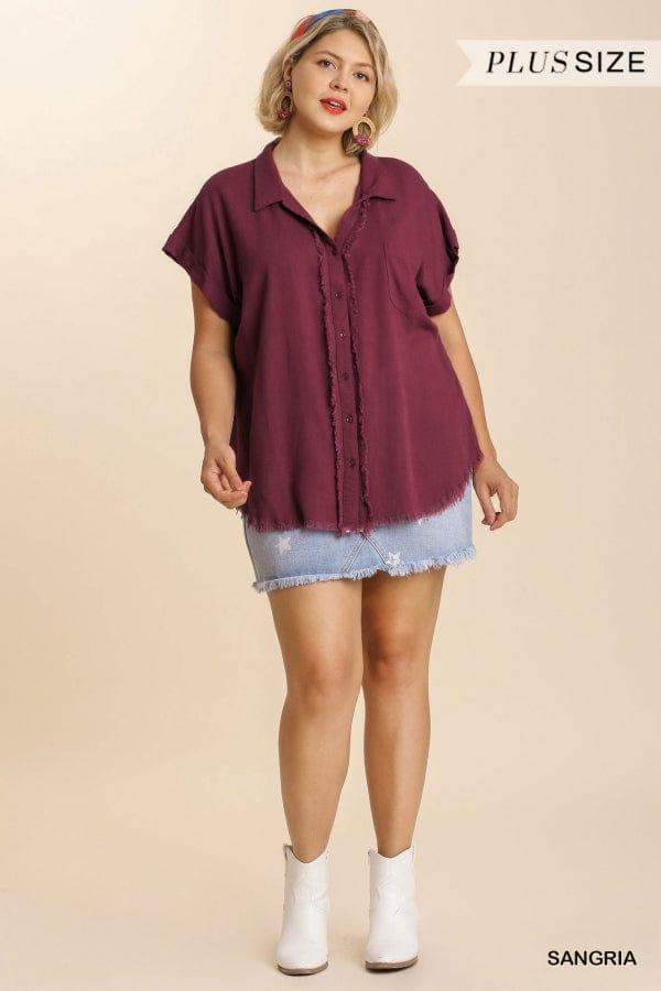 Plus Women's Linen blend collar button down in Sangria - Esme and Elodie