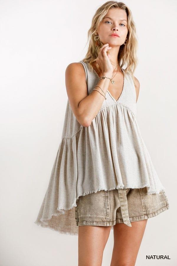 Linen blend deep V babydoll tank in oatmeal - Esme and Elodie