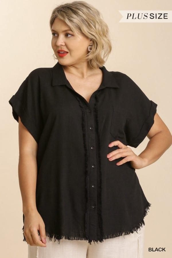 Linen Blend Plus size collar button down in black - Esme and Elodie