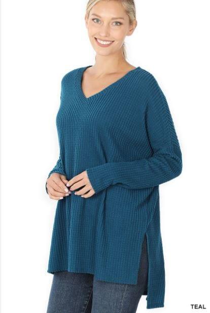 Liza- teal softest waffle knit vneck top - Esme and Elodie