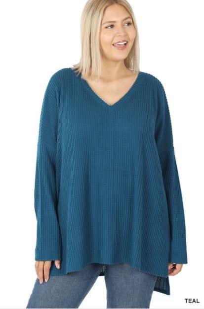 Liza- teal softest waffle knit vneck top - Esme and Elodie